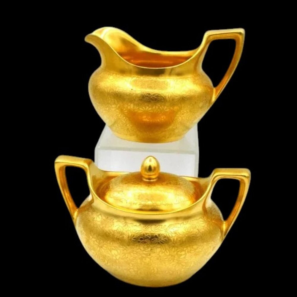 MCM Vintage Pickard Germany Creamer & Sugar Service Gold Floral Design